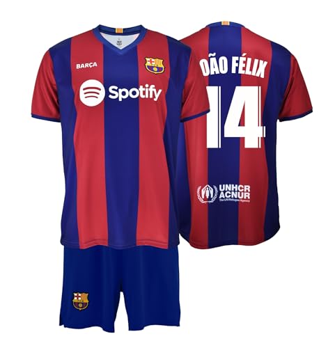 FC Barcelona Set Kinder T-Shirt und Hose 1. EQ 2023-24 Replik Lizenz - Rücken 14 Joao Felix Kindergröße 12 Jahre, Blau/Weinrot von FC Barcelona