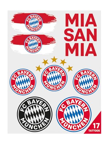FC Bayern München Tattoo Set - 2 Bögen mit 17 Mehrfarbigen Hauttattoos, 12,5x9,5 cm, Fanartikel für Kinder & Erwachsene von FC Bayern München