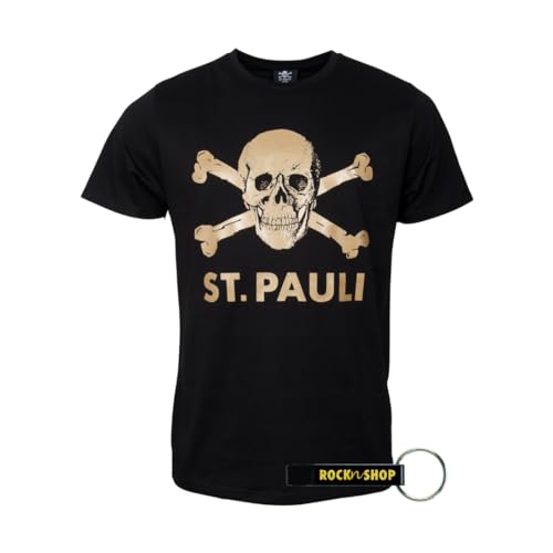 FC St. Pauli T-Shirt Herren Totenkopf Schwarz-Gold FCSP Fanartikel + RocknShop Flaschenöffner (DE/NL/SE/PL, Alphanumerisch, M, Regular, Regular, Schwarz) von FC St. Pauli