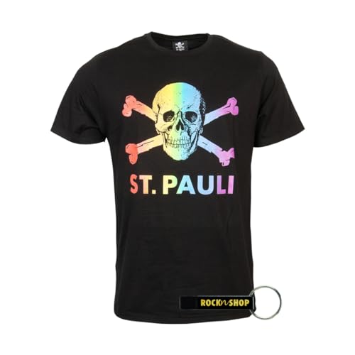 FC St. Pauli T-Shirt Shirt Oberteil Aufdruck Totenkopf Regenbogen Kollektion 2020 Herren schwarz + 2X FANERGY Traubenzucker (3XL) von FC St. Pauli