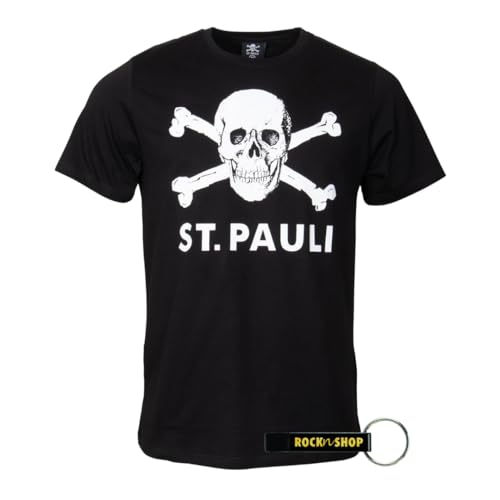 FC St. Pauli T-Shirt schwarz Herren Totenkopf I FCSP Fanartikel + RocknShop Flaschenöffner - Set (DE/NL/SE/PL, Alphanumerisch, L, Regular, Regular, Schwarz) von FC St. Pauli