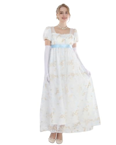 FCCAM Blau Regency Kleider für Frauen 1800er Vintage Kleid Viktorianisches Ballkleid mit Handschuhen, L von FCCAM