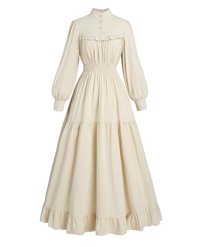FCCAM Damen Mittelalter Kleid Beige Baumwolle Langarm, M von FCCAM
