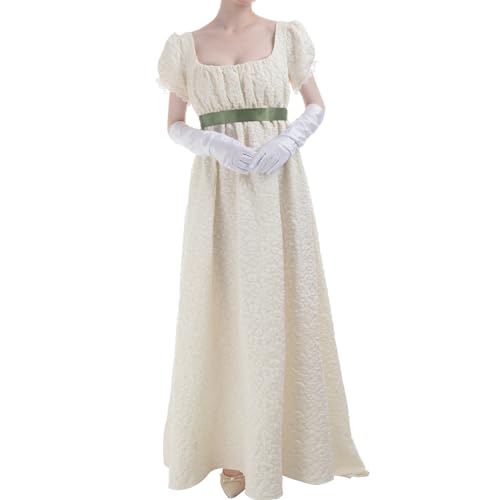 FCCAM Damen Regency Kleid Jane Austen Lange Vintage Kleid Viktorianische Ballkleid mit Handschuhen Empire Taille Kleid M von FCCAM
