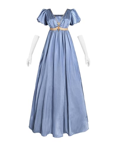 FCCAM Damen Regency Kleid Viktorianisches Empire Kleid mit V-Ausschnitt Mittelalter Damenkleid mit abnehmbarem Schmuckstein Schal weißen Handschuhen,Blau,S von FCCAM