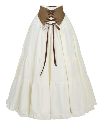 FCCAM Damen Renaissance Rock Mittelalter Rock Damen Rock Lang Rock Festlich Damen Viktorianischer Rock Maxirock a Linie High Waist Rock Vintage Rock, Beige, M von FCCAM