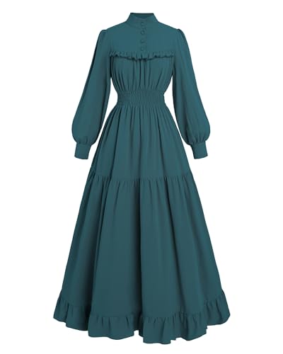 FCCAM Damen Vintage Baumwolle Maxikleid Langarm Mittelalter Gothic Dress Retro Hexenkleid Herbst, Blau, M von FCCAM