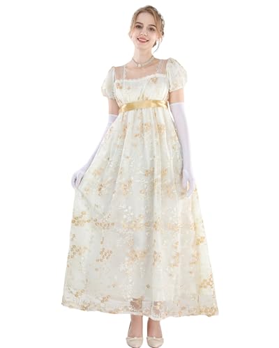 FCCAM Goldene Regency Kleider für Frauen 1800er Vintage Kleid Viktorianisches Ballkleid mit Handschuhen M von FCCAM