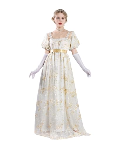 FCCAM Goldene Regency Kleider für Frauen 1800er Vintage Kleid Viktorianisches Ballkleid mit Handschuhen XL von FCCAM