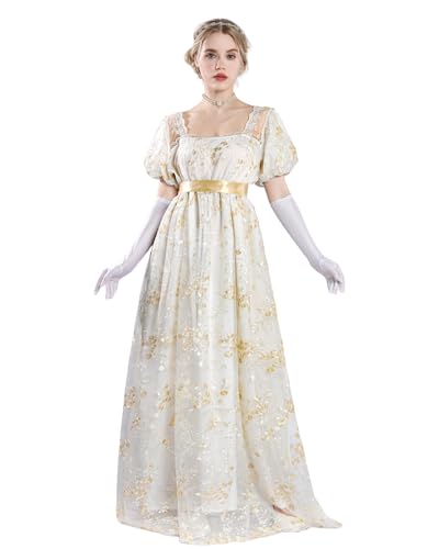 FCCAM Goldene Regency Kleider für Frauen 1800er Vintage Kleid Viktorianisches Ballkleid mit Handschuhen XXL von FCCAM