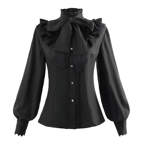 FCCAM Mittelalter Bluse Damen Wickelbluse Damen Rüschenbluse Gothic Top Langarm Bluse Zum Binden, Schwarz XXL von FCCAM