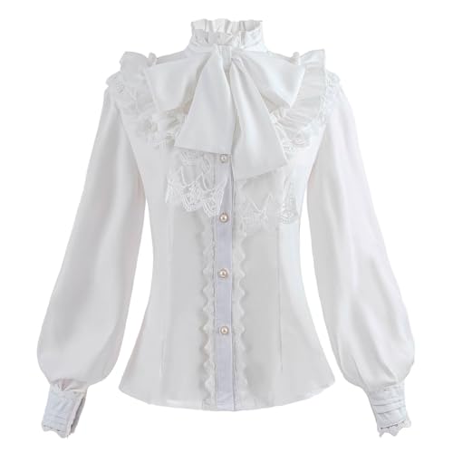 FCCAM Mittelalter Damen Wickelbluse Langarm Zum Binden - Rüschenbluse Gothic Top, Weiß XL von FCCAM