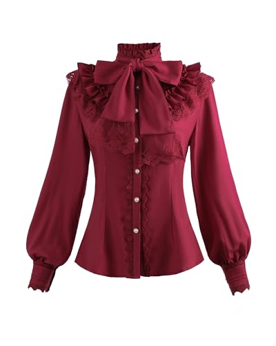 FCCAM Mittelalter Bluse Damen Wickelbluse Damen Rüschenbluse Gothic Top Langarm Bluse Zum Binden, Rot,3XL FCCAM Mittelalter Bluse Damen Wickelbluse Damen Rüschenbluse Gothic Top Langarm Bluse Zum Binden, Rot,3XL von FCCAM
