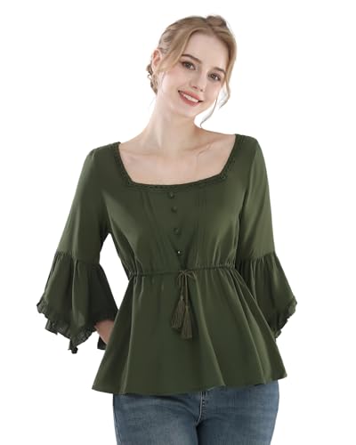 FCCAM Mittelalter Bluse aus Baumwolle mit 3/4 Arm Mittelalter Bluse Damen Kordelzug in der Taille Grün, M von FCCAM
