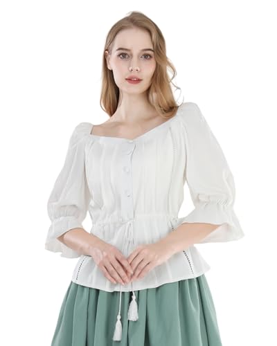 FCCAM Mittelalter Bluse aus Baumwolle mit 3/4 Arm Mittelalter Bluse Damen Kordelzug in der Taille Weiß, S von FCCAM