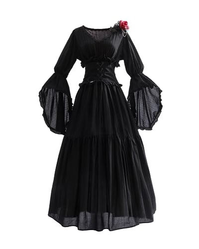 FCCAM Mittelalter Kleid Renaissance Kleid Schwarzes langes Kleid Hexenkleid V-Ausschnitt Mittelalter Kostüm Gothic Kleid mit Brooch, L/XL von FCCAM