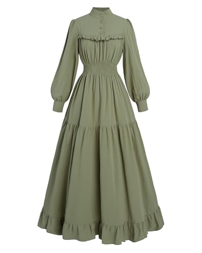 FCCAM Mittelalter Kleidung Damen Vintage Kleider Damen Viktorianisches Kleid Damen Kleid Grün Mittelalter Kleid Damen Baumwolle Langarm, Grün, L von FCCAM