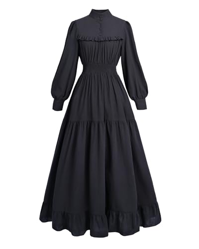 FCCAM Mittelalter Kleidung Damen Vintage Kleider Damen Viktorianisches Kleid Damen Kleid Schwarz Mittelalter Kleid Damen Baumwolle Langarm, Schwarz, S von FCCAM