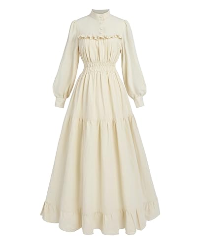 FCCAM Mittelalter Kleidung Damen Vintage Kleider Frauen Viktorianisches Kleid Damen Mittelalter Kleid Baumwolle Langarm, Creme, S von FCCAM