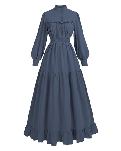 FCCAM Mittelalter Kleidung Damen Vintage Kleider Frauen Viktorianisches Kleid Damen Mittelalter Kleid Baumwolle Langarm, Marineblau, L von FCCAM
