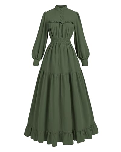 FCCAM Mittelalter Kleidung Damen Vintage Kleider Frauen Viktorianisches Kleid Damen Mittelalter Kleid Baumwolle Langarm, Oliven, S von FCCAM