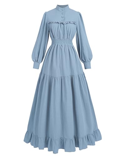 FCCAM Mittelalter Kleidung Damen Vintage Kleider Frauen Viktorianisches Kleid Damen Mittelalter Kleid Baumwolle Langarm, See Blau, XXL von FCCAM