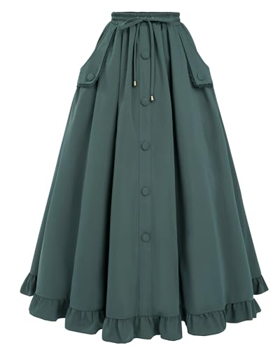 FCCAM Mittelalter Rock Grüner Rock Damen Viktorianischer Rock a Linie Mittelalter Rock mit Kordelzug Maxirock Damen Lang Rock Grün Rock mit Taschen, grün Rock, L von FCCAM