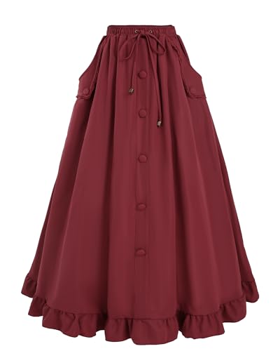 FCCAM Mittelalter Rock Roter Rock Damen Viktorianischer Rock a Linie Mittelalter Rock mit Kordelzug Maxirock Damen Lang Roter Rock mit Taschen, Rot Rock, XL von FCCAM