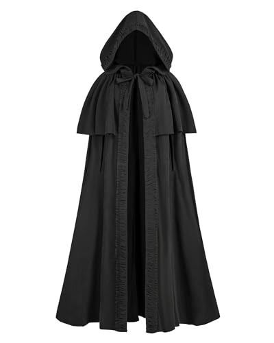 FCCAM Mittelalter Umhang Damen mit Kapuze – Halloween Cape Vampir Kostüm Hexe Frauen Umhang Schwarz Vampirumhang für Karneval, Fasching & Cosplay, Schwarz, S von FCCAM