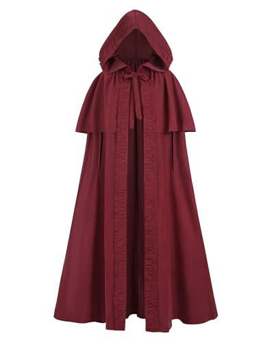 FCCAM Mittelalter Umhang Damen mit Kapuze – Halloween Cape Vampir Kostüm Hexe Frauen Umhang Schwarz Vampirumhang für Karneval, Fasching & Cosplay,Rot,M von FCCAM