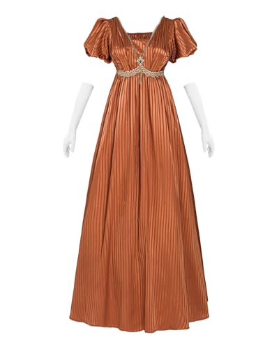 FCCAM Damen Regency Kleid, Viktorianisches Empire Kleid mit V-Ausschnitt, orange Mittelalter Damenkleid, lang und bequem, mit abnehmbarem Schmuckstein, gelbem Schal & weißen Handschuhen,L von FCCAM