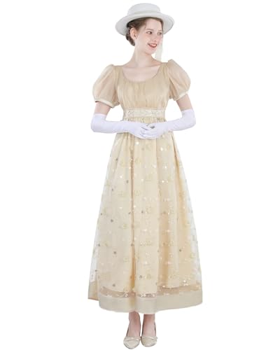 FCCAM Regency Kleid Damen Maxikleid im Empire Stil mit Spitze und Puffärmeln – Vintage Abendkleid mit Handschuhen, Festlich Elegant für Hochzeit oder Party,XXL von FCCAM