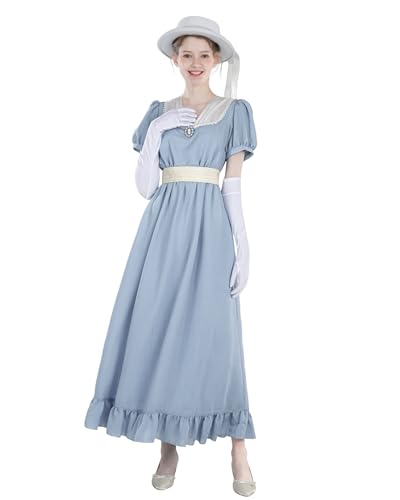 FCCAM Regency Kleid Damen Vintage Maxikleid mit Puffärmeln – Empire Stil Sommerkleid mit Taillengürtel & Brustbrosche – Cosplay Ballkleid mit Handschuhen, Hellblau,S FCCAM Regency Kleid Damen Vintage Maxikleid mit Puffärmeln – Empire Stil Sommerkleid mit Taillengürtel & Brustbrosche – Cosplay Ballkleid mit Handschuhen, Hellblau,S von FCCAM