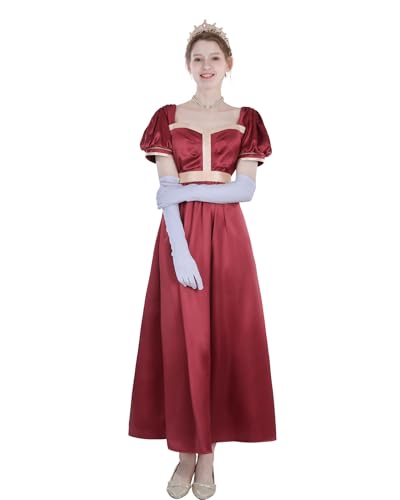 FCCAM Regency Kleid Damen lang Empire Stil Ballkleid mit Satin, abnehmbarem Gürtel & Handschuhen Historisches Abendkleid für Kostümparty, Theater, Cosplay,L von FCCAM