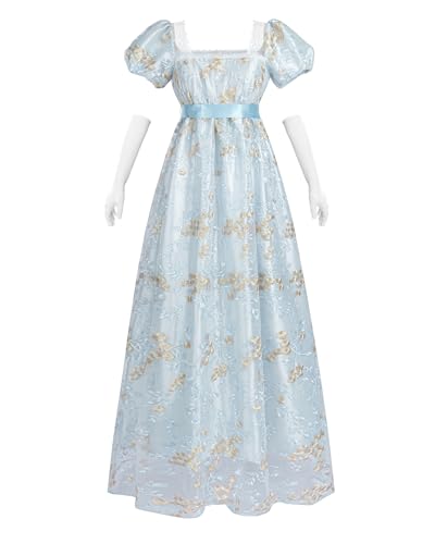 FCCAM Regency Kleider für Frauen 1800er Vintage Kleid Viktorianisches Ballkleid mit Handschuhen, Blau, M von FCCAM