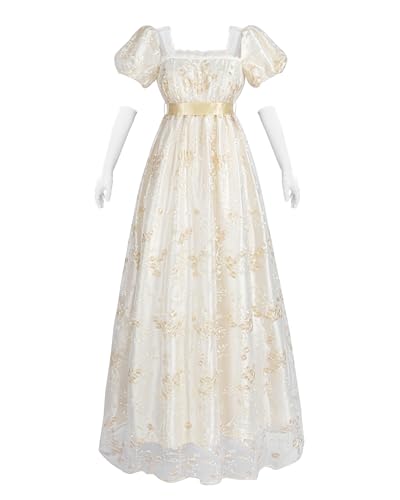 FCCAM Regency Kleider für Frauen 1800er Vintage Kleid Viktorianisches Ballkleid mit Handschuhen, Gold, S von FCCAM