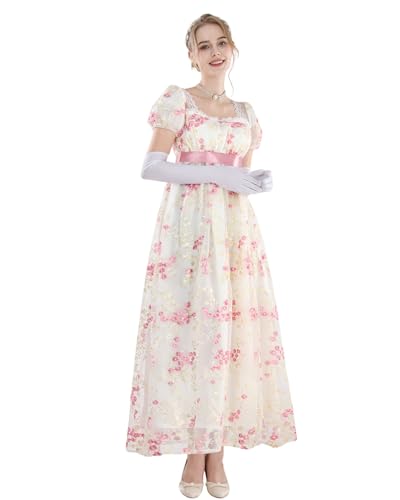 FCCAM Rosa Regency Kleider für Frauen 1800er Vintage Kleid Viktorianisches Ballkleid mit Handschuhen,L von FCCAM