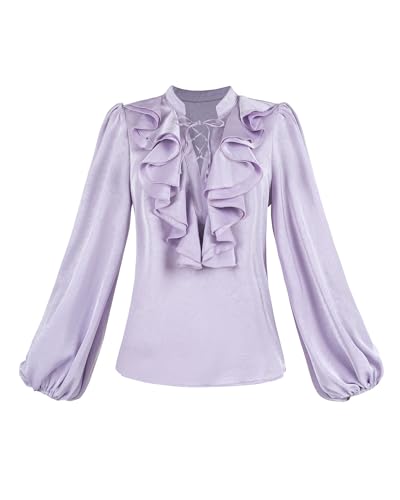 FCCAM Viktorianische Bluse Damen Damenbluse Hellviolett mit Rüschen & Kreuzbinden - Ballonärmel Satinbluse Vintage-Stil, S von FCCAM
