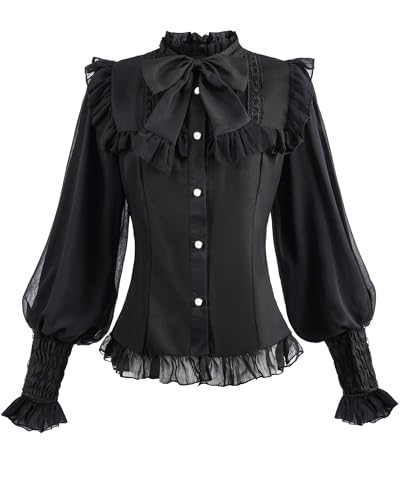 FCCAM Viktorianische Bluse Damen Steam Punk Bluse Damen Rüschenbluse Mittelalter Spitzen Shirt Trachtenbluse,Schwarz,XL von FCCAM