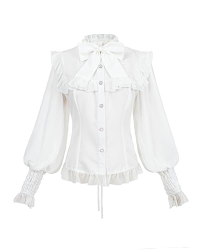 FCCAM Viktorianische Bluse Damen Steam Punk Bluse Rüschenbluse Mittelalter Spitzen Shirt Trachtenbluse Damen Weiß XXL von FCCAM