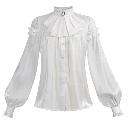 FCCAM Viktorianische Bluse Langarm Mittelalter Bluse Damen weiß Renaissance Shirt Rüschenbluse Vintage Shirt mit Brosche und Ruff, Weiß, XXL von FCCAM