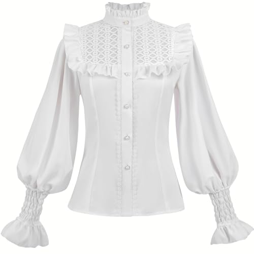 FCCAM Viktorianische Bluse Langarm Mittelalter Bluse Damen weiß Stehkragen Renaissance Shirt Rüschenbluse,XL von FCCAM