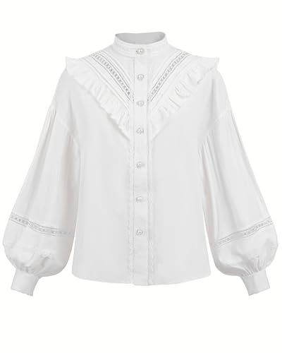 FCCAM Viktorianische Bluse Langarm Mittelalter Bluses Damen weiß Renaissance Bluse Rüschenbluse Viktorianische Shirt, M von FCCAM