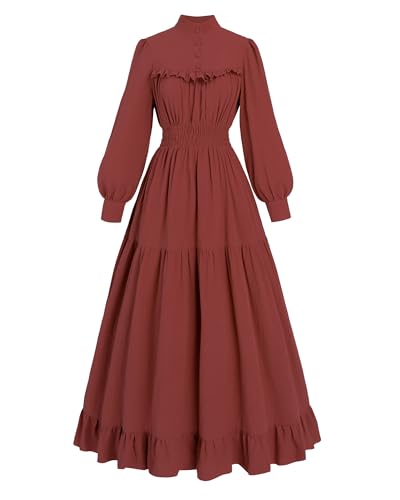 FCCAM Viktorianisches Kleid Damen Baumwolle Maxikleid Langarm Mittelalter Kleid Gothic Dress Retro Kleid Hexenkleid Damen Herbst, Rot, S von FCCAM