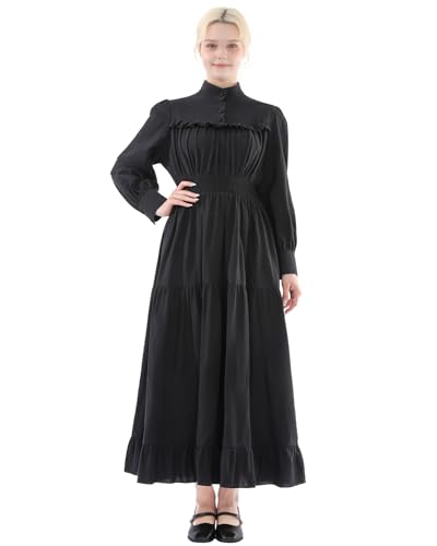 FCCAM Viktorianisches Kleid Langarm Kleid Damen Kleid Schwarz Mittelalter Kleidung Damen Kleid Baumwolle, Schwarz, L von FCCAM
