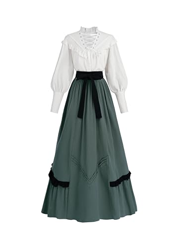FCCAM Viktorianisches Kleid Mittelalter Damen Set Kleider 19. Jahrhundert Renaissance Kleid Mittelalter Kostüm Damen,Grün,L von FCCAM