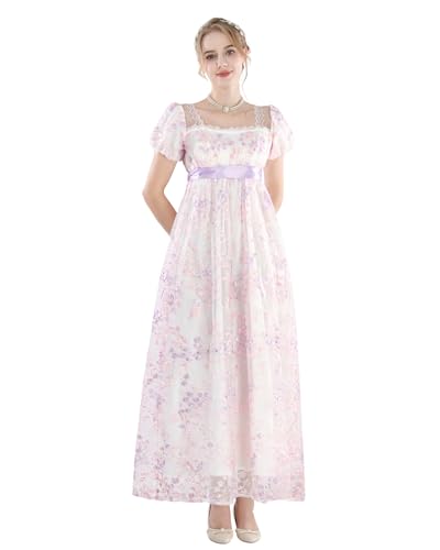 FCCAM Violett Regency Kleider für Frauen 1800er Vintage Kleid Viktorianisches Ballkleid mit Handschuhen, L von FCCAM