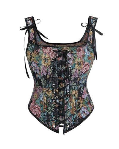 FCCAM renaissance top corsage damen corset top korsett top fairycore clothes korsett oberteil trachtenmieder mittelalter kleidung damen,Schwarz,L von FCCAM
