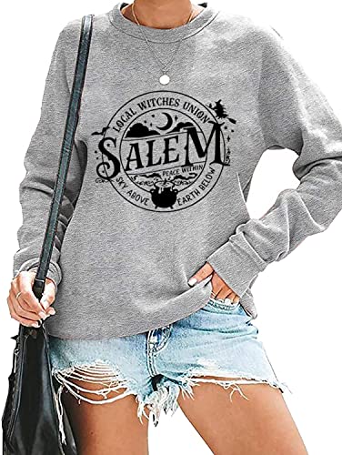 FCDIED Local Witches Union Salem Sweatshirt Damen Lustiges Hexe Halloween Sweatshirt Retro Grafik Hocus Pocus Sweatshirt, Grau, Groß von FCDIED