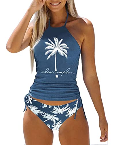 Damen Live Simple Coconut Tree Tankini Set Sexy Neckholder Rückenfrei Badeanzug Kordelzug Seitlicher Badeanzug, Blau, Groß von FCHICH